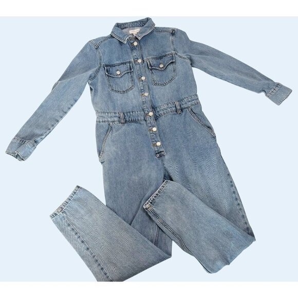 TOPSHOP Denim Jumpsuit Boilersuit Utility Streetwear Sz 8 - Picture 1 of 6